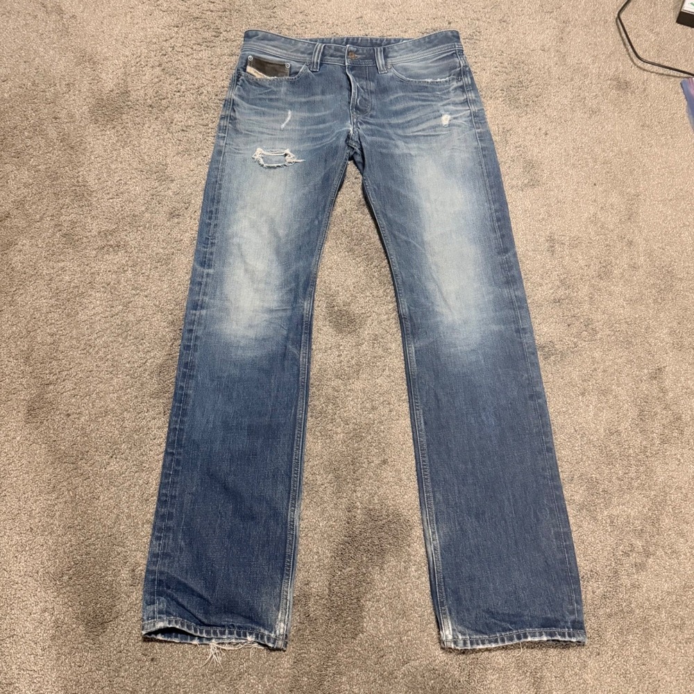 Diesel Viker Regular Straight‎ Jeans Mens 32x34 Blue Wash 0880N Distressed Italy
